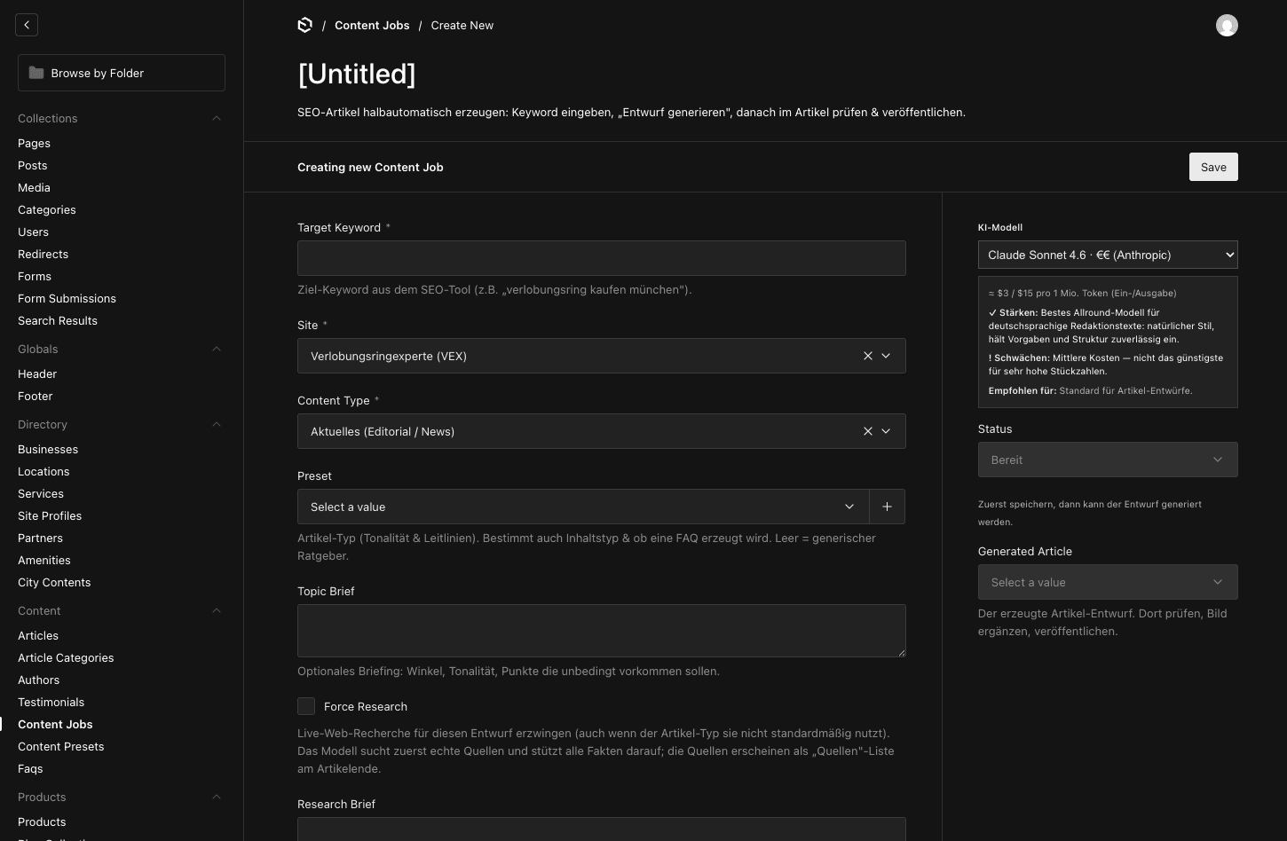 AI article generation with research steps in the CMS
