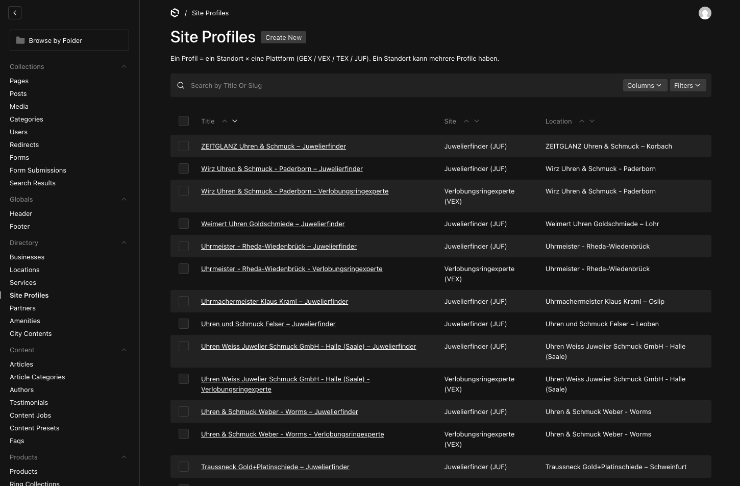 Managing brand site profiles in the central CMS